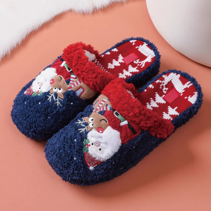 Christmas Warm Slippers With Xmas Elements Embroidery Plush Upper