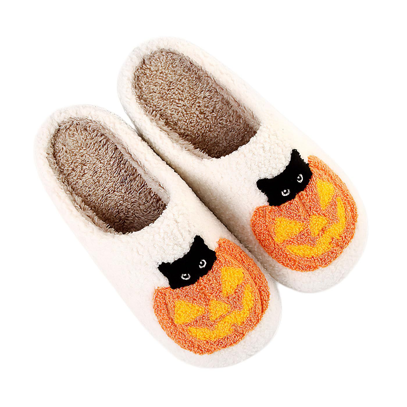 Home Winter Plush Warm Slippers Halloween Pumpkin Design