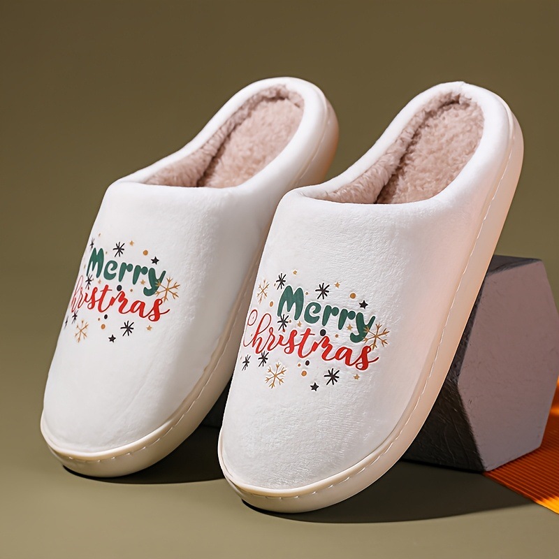Christmas Warm Slippers With Xmas Elements Embroidery Plush Inside