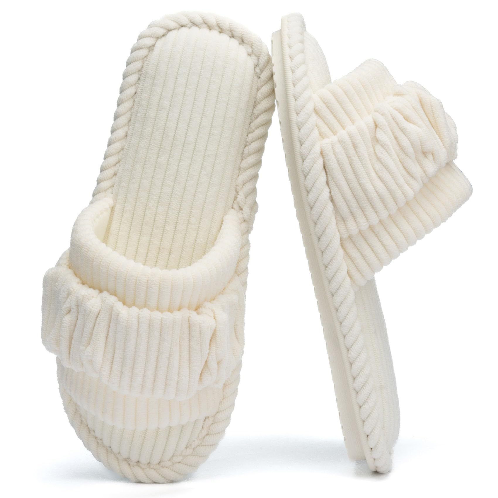 Women's Open Toe Slippers With Corduroy Upper In Pure Color