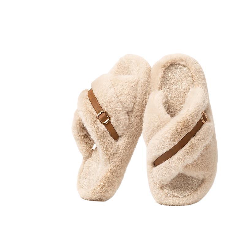Women's Cozy Soft Slippers Cross Plush Upper Fur Decoration