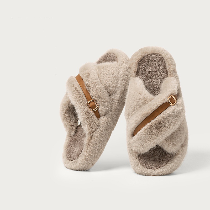 Women's Cozy Soft Slippers Cross Plush Upper Fur Decoration