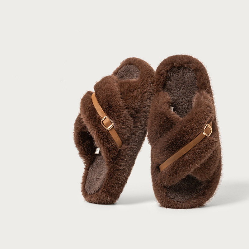 Women's Cozy Soft Slippers Cross Plush Upper Fur Decoration