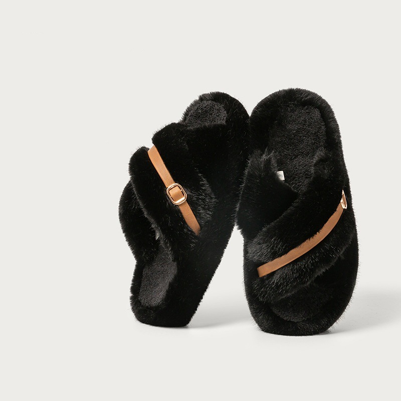 Women's Cozy Soft Slippers Cross Plush Upper Fur Decoration