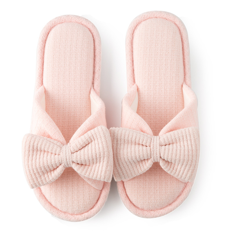 Women's Open Toe Cotton Slippers With Bow Decoration Pure Color