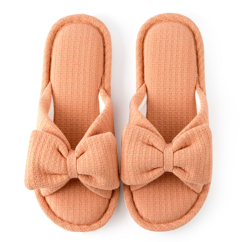 Women's Open Toe Cotton Slippers With Bow Decoration Pure Color