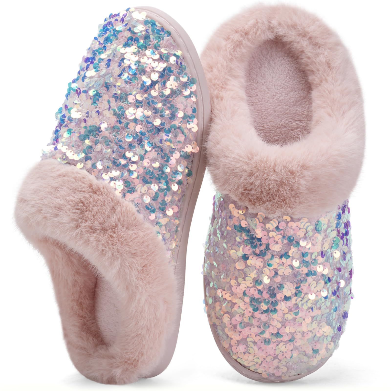 Women's Warm Slippers Glitter Upper Plush Inside With Plush Collar