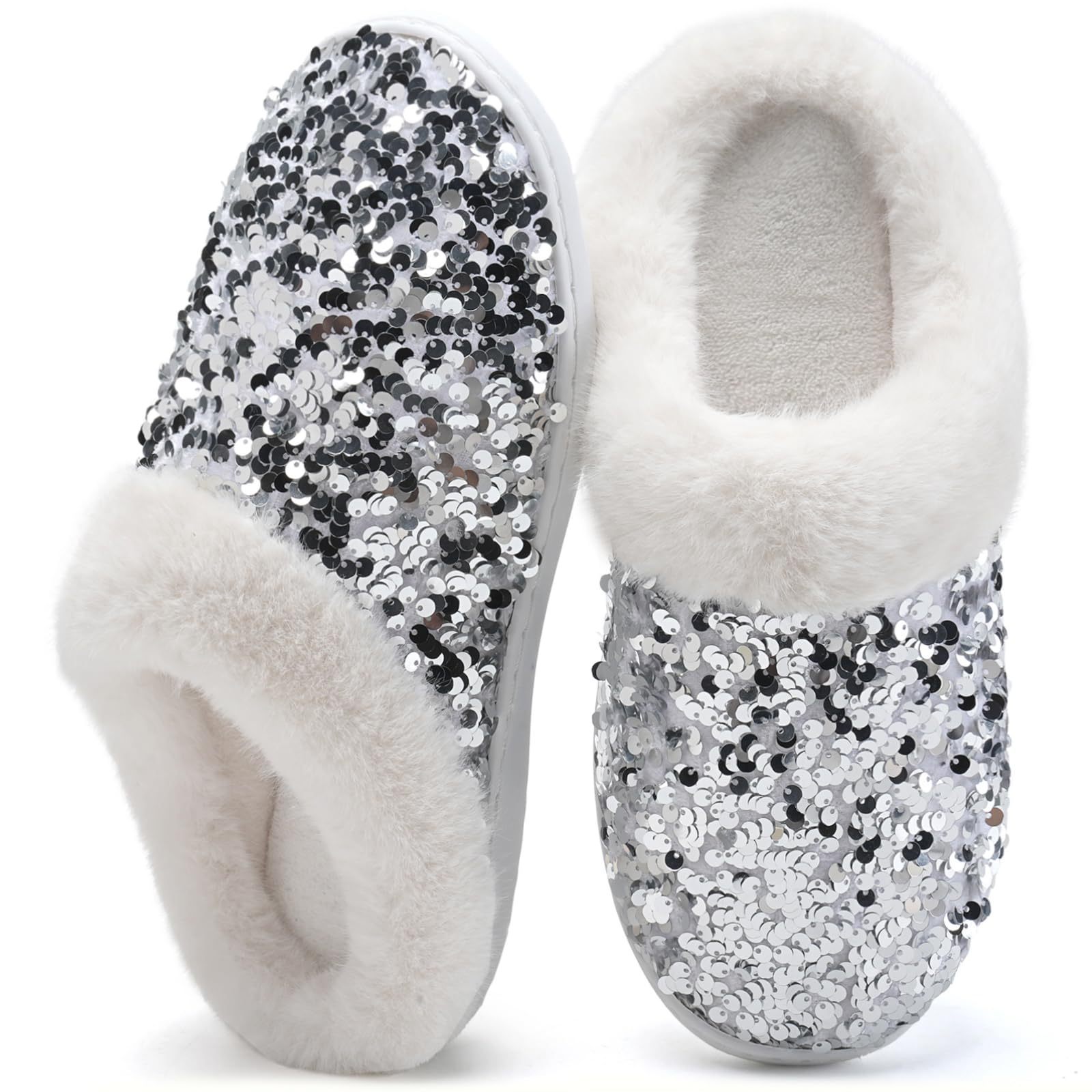 Women's Warm Slippers Glitter Upper Plush Inside With Plush Collar