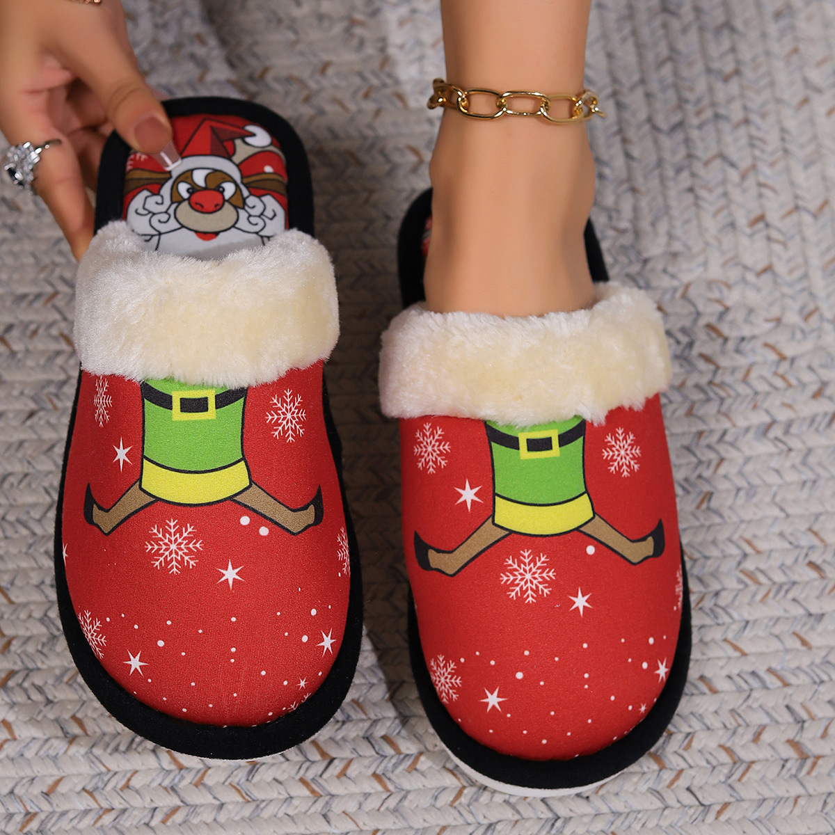 Home Winter Plush Warm Slippers Christmas Design With Plush Collar