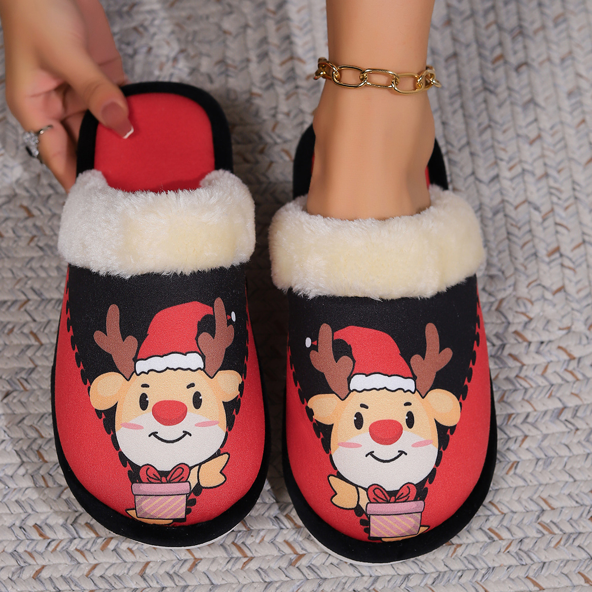 Home Winter Plush Warm Slippers Christmas Design With Plush Collar