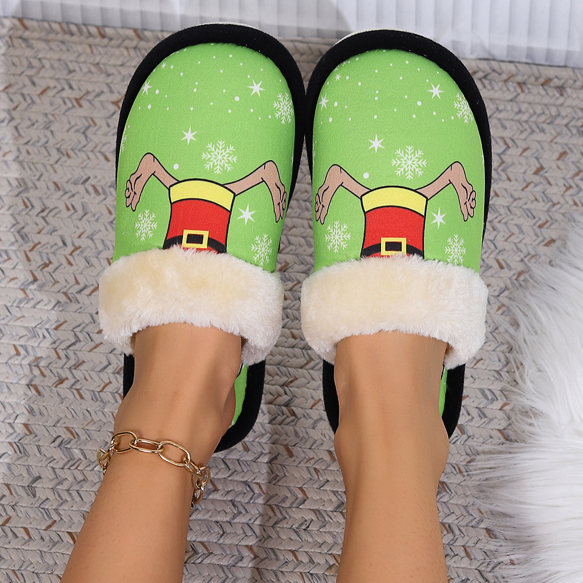 Home Winter Plush Warm Slippers Christmas Design With Plush Collar