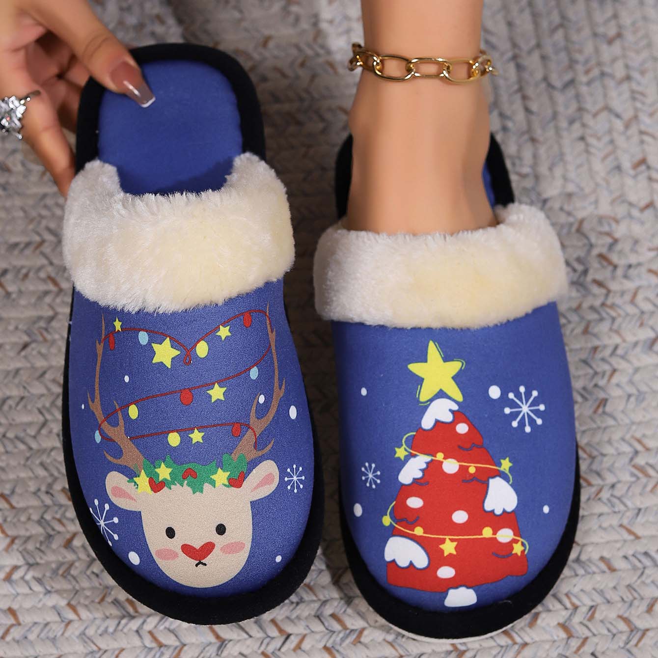 Home Winter Plush Warm Slippers Christmas Design With Plush Collar