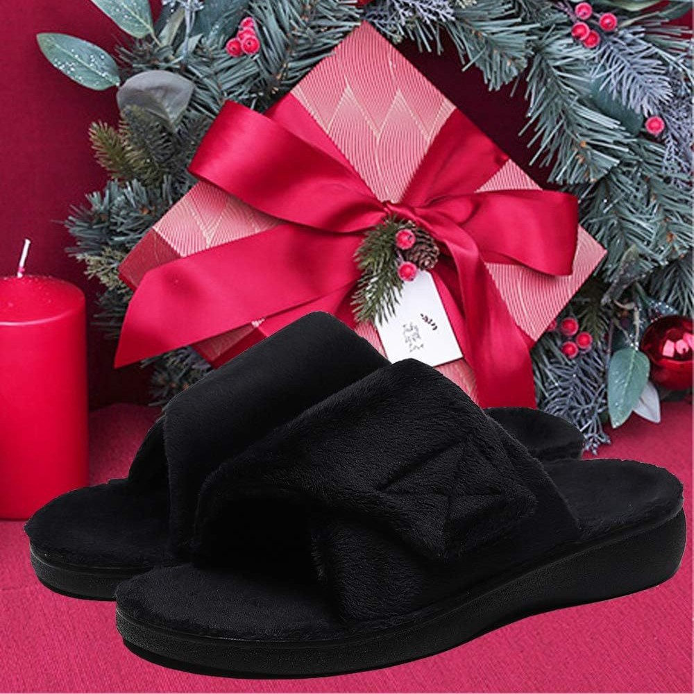 Women's Open Toe Slippers Plush Upper In Pure Color Adjustable Design
