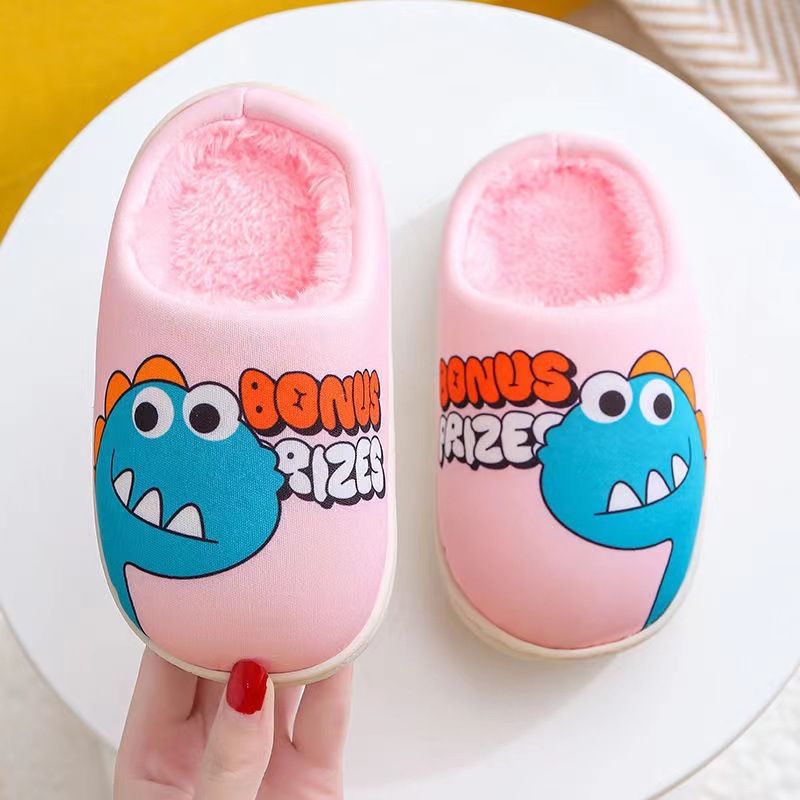 Children's Warm Slippers Printed Upper Plush Inside With Dinosaur Design