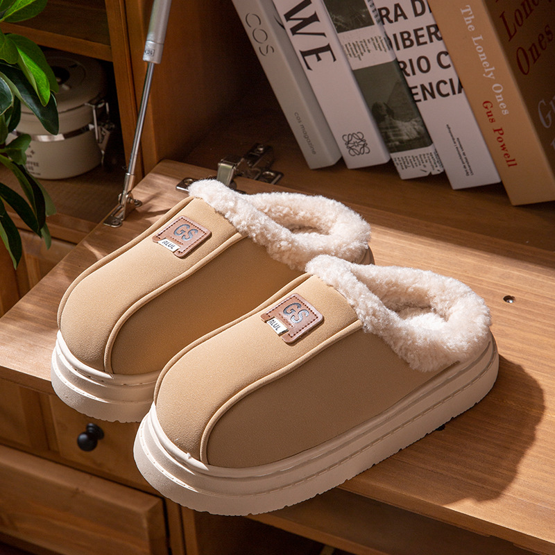 Fashion Men Cotton Slippers With Thick Sole Anti-Slip and Warm Plush Inner For Winter