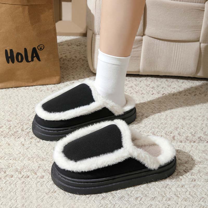 Black Non Slip Plush Warm Slippers With Suede Upper For Women And Men