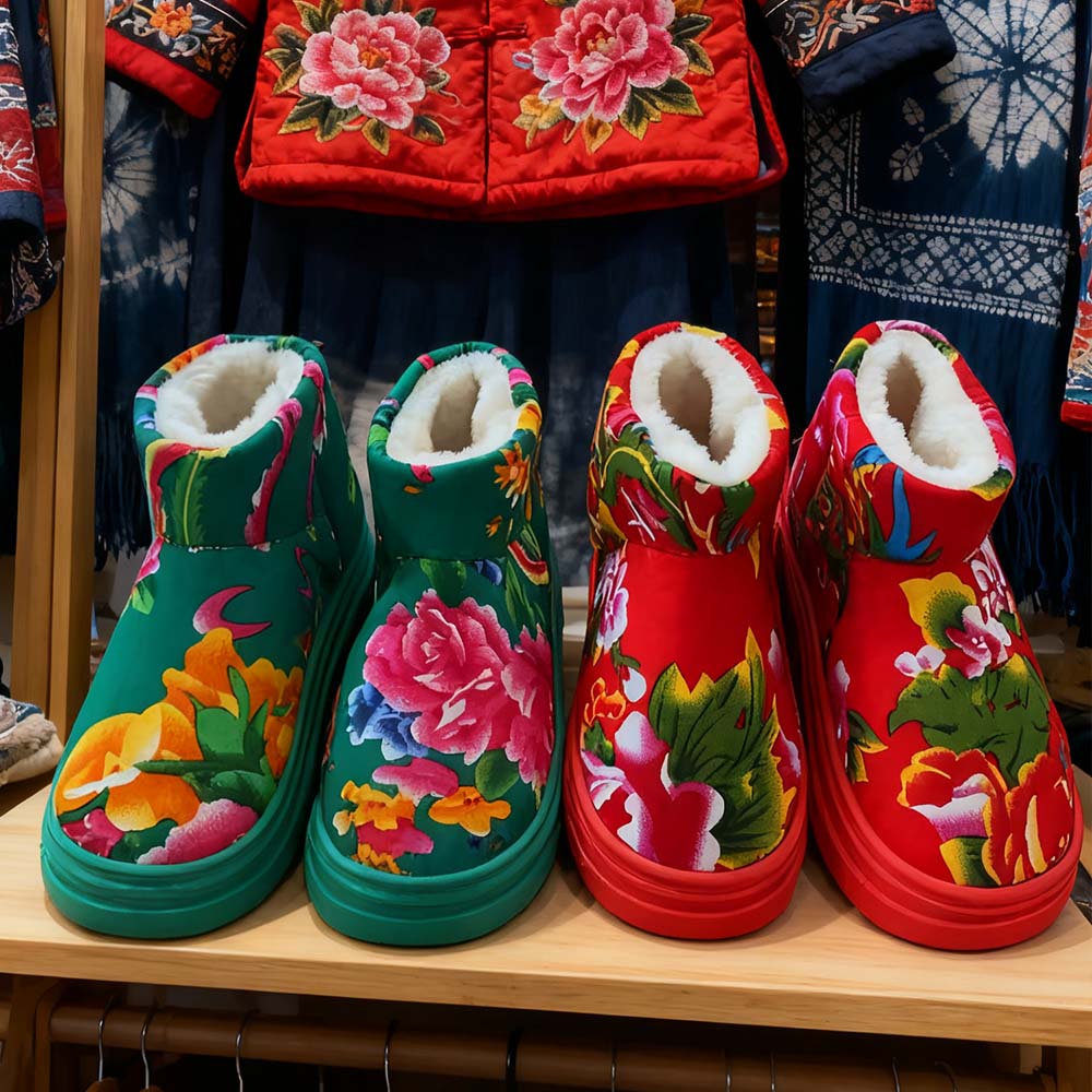 Chinese Flower Printing Winter Warm Short Snow Boots With Plush Inner