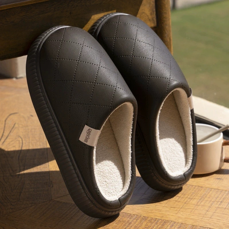 Men Solid Color PU Winter Warm Cozy House Slippers With Plush Inner