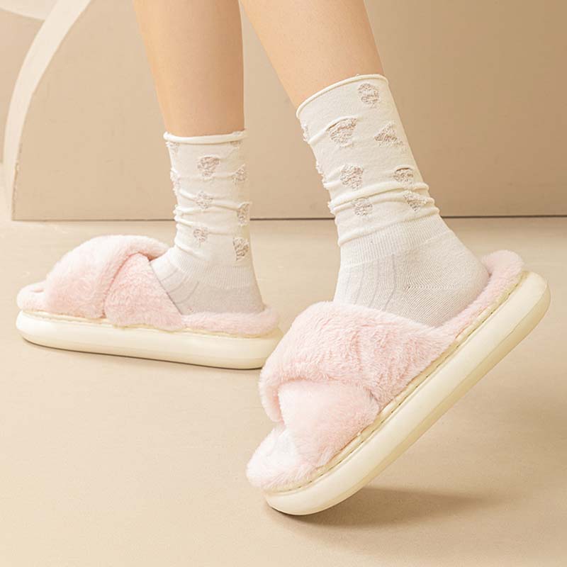 Women Home Indoor Slippers With Soft Plush Cross Upper In Pure Color