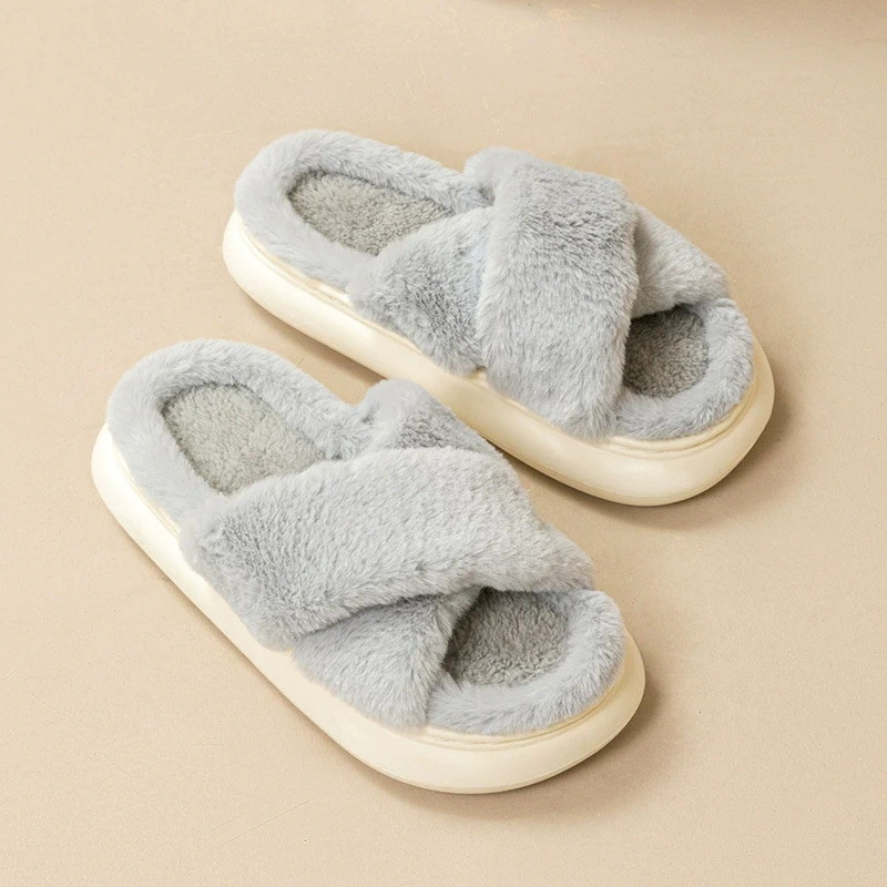 Home Indoor Slippers With Soft Plush Cross Upper In Pure Color For Men and Women