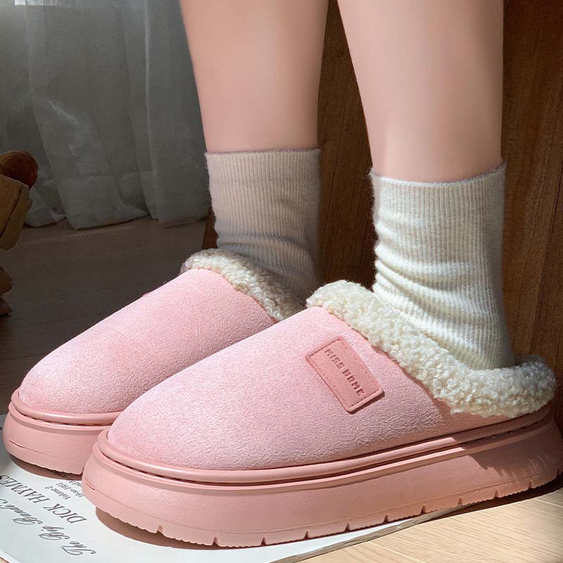 Solid Color Winter Cotton Warm House Slippers With Plush Collar