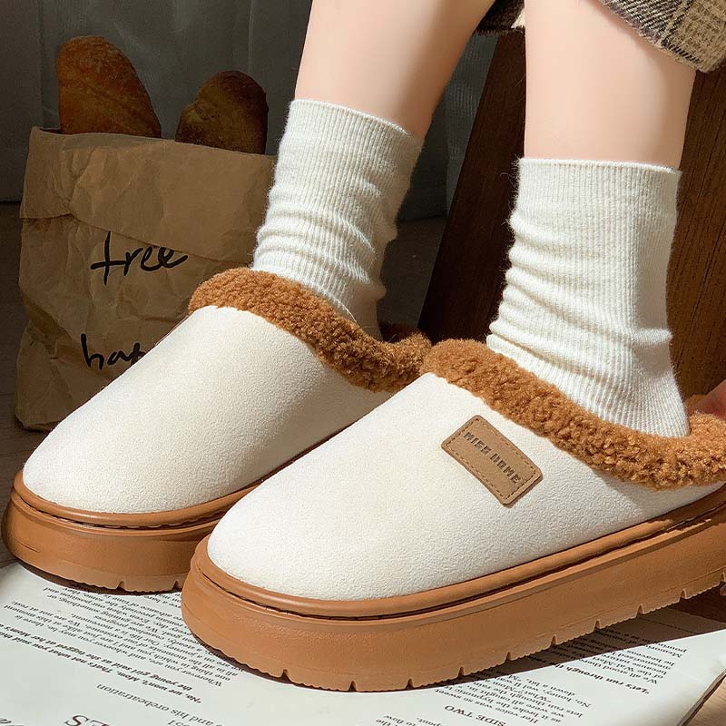 Solid Color Cotton Warm House Slippers With Plush Collar