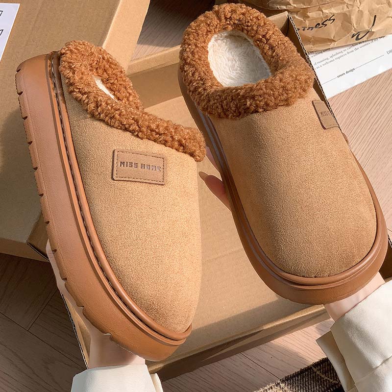 Simple Solid Color Winter Cotton Warm House Slippers With Plush Collar
