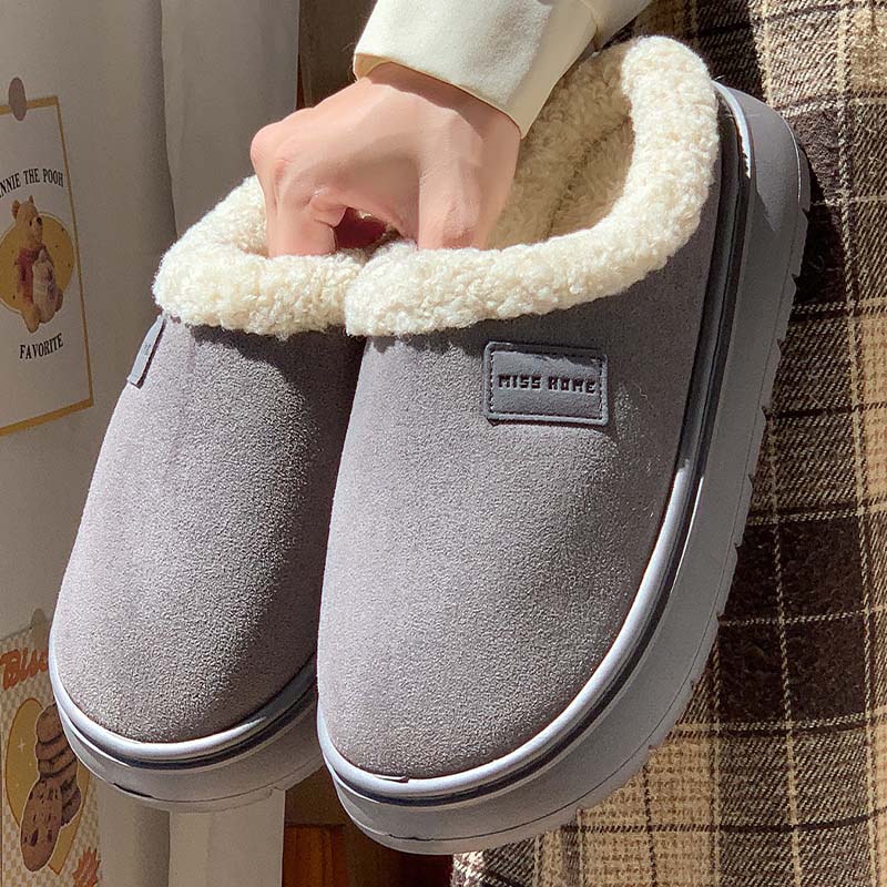 PU Logo Solid Color Winter Cotton Warm House Slippers With Plush Collar