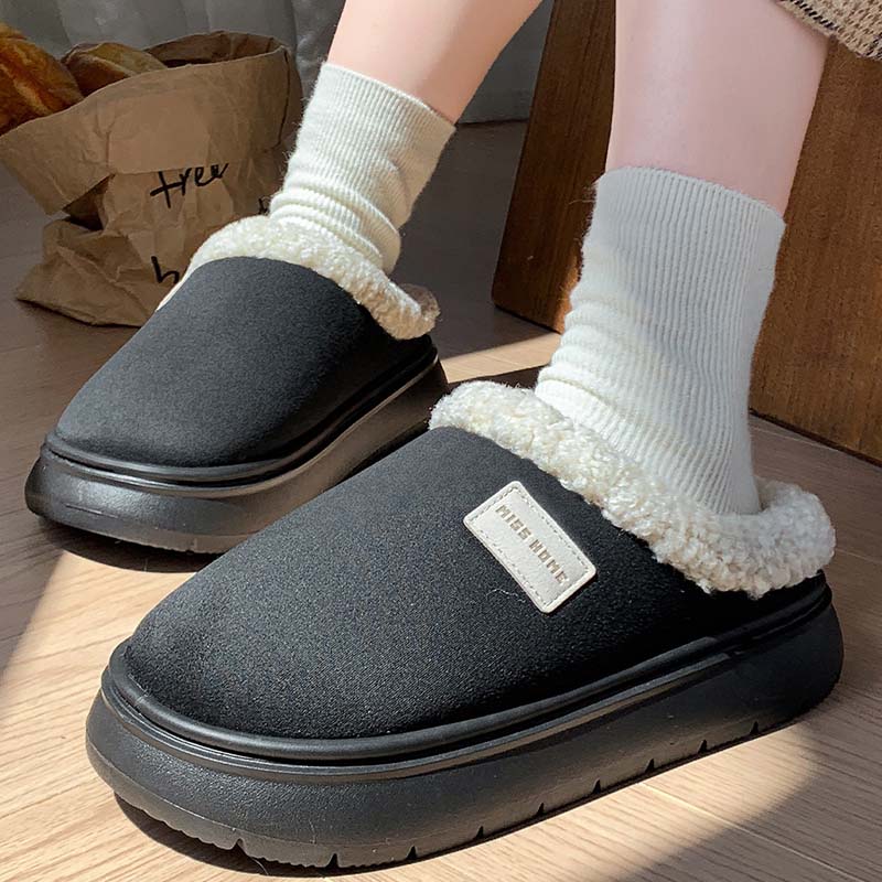 Black Color Winter Cotton Warm House Slippers With Plush Collar