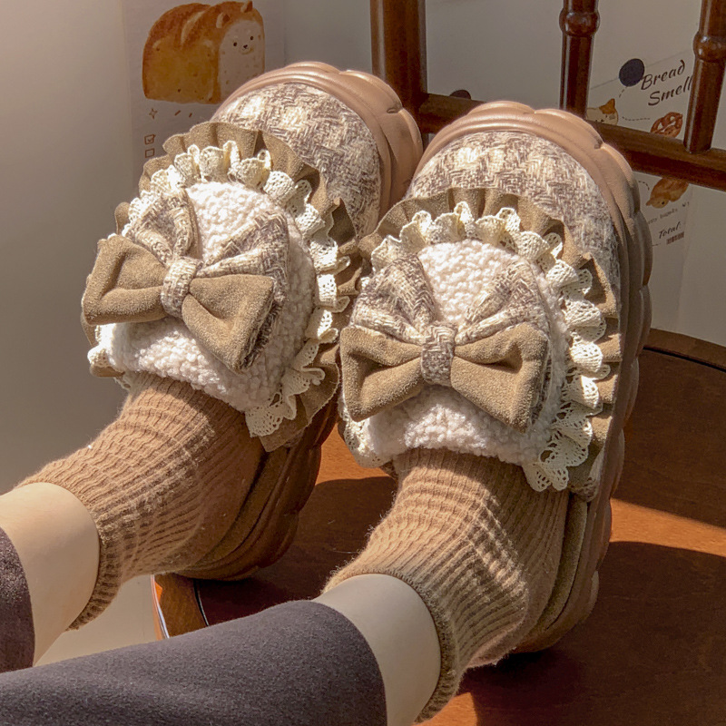 Retro Plush Warm House Slippers With Bow Shape