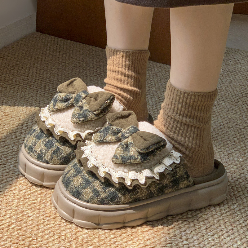 Retro Winter Plush Warm House Slippers With Bow Shape