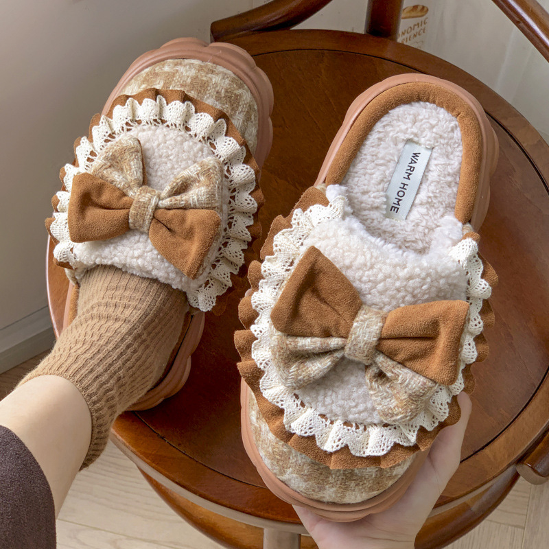 Cute Retro Plush Warm House Slippers With Bow Shape
