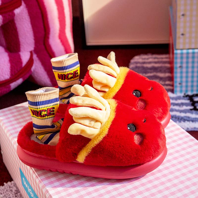 Cute Plush Warm House Slippers With French Fries Shape