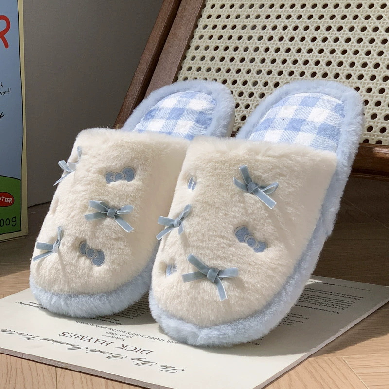 Cute Plush Warm House Slippers With Little Bow