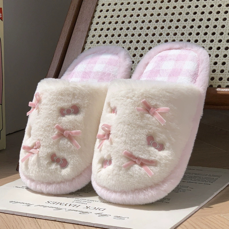 Women Cute Plush Warm House Slippers With Little Bow