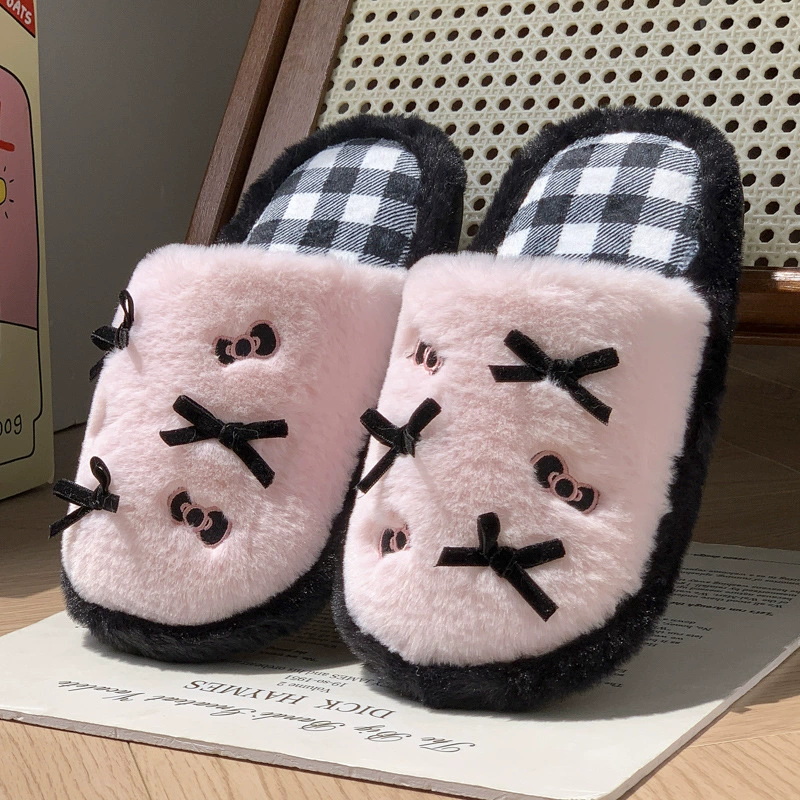 Girl Cute Plush Warm House Slippers With Little Bow