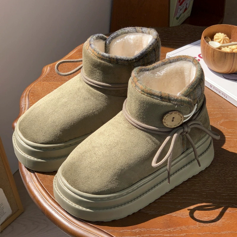 Suede Winer Warm Snow Boots Plush Inner With Buttons And Shoelaces Decor