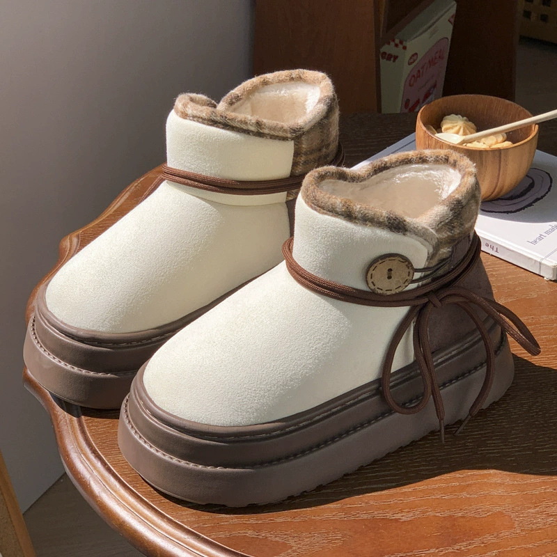Suede Warm Snow Boots Plush Inner With Buttons And Shoelaces Decor