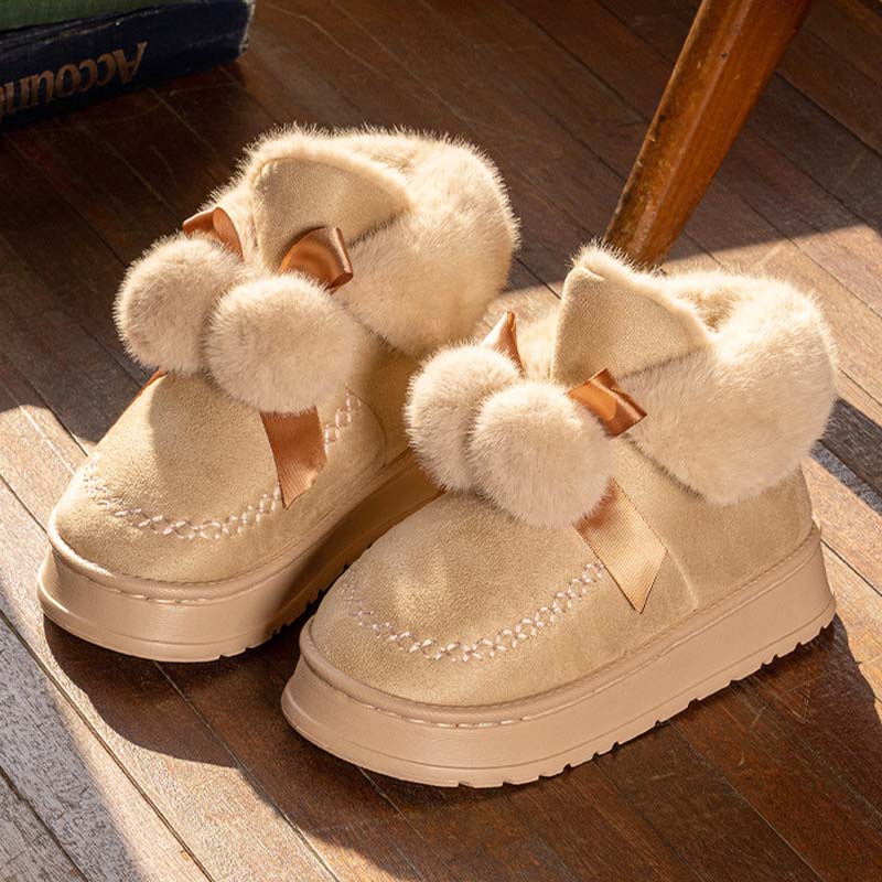 Suede Warm Snow Boots Plush Inner With Ball And Bow Decor