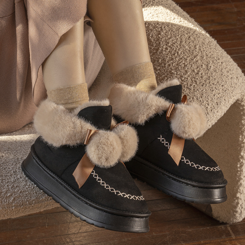 Suede Warm Snow Boots Plush Inner With Ball And Bow Decor