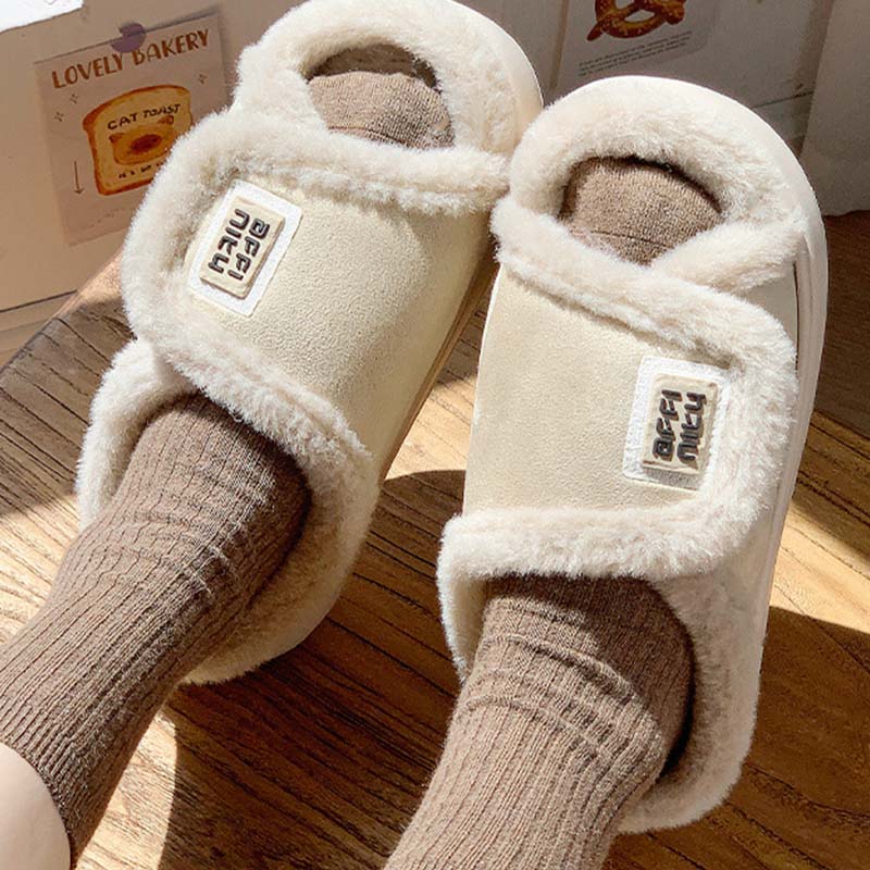 Open Toe Plush Home Slippers With Adjustable Suede Upper