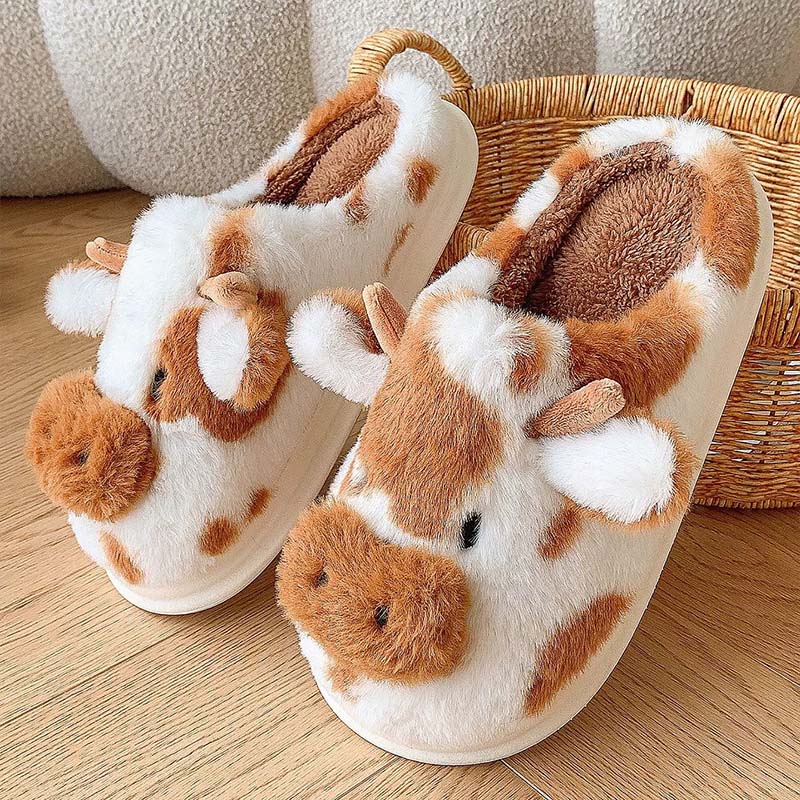 Cow Design Women's House Slippers With Plush Inside For House Floor