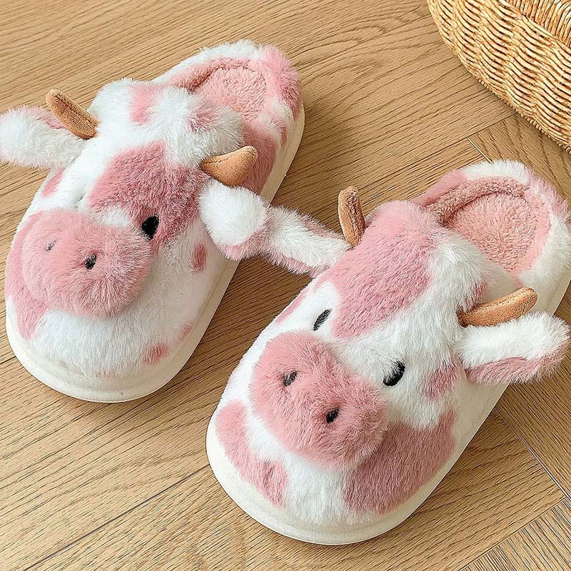 Cow Design Women's House Slippers With Pink Plush Color For House Floor