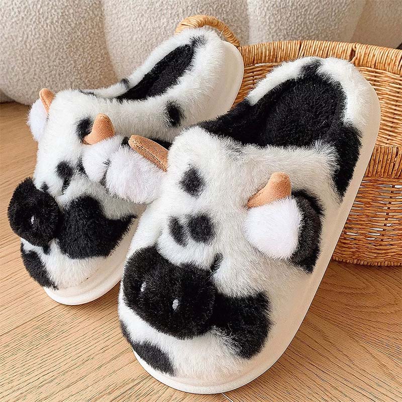 Cow Design Men's House Slippers With Plush Inner For House Floor