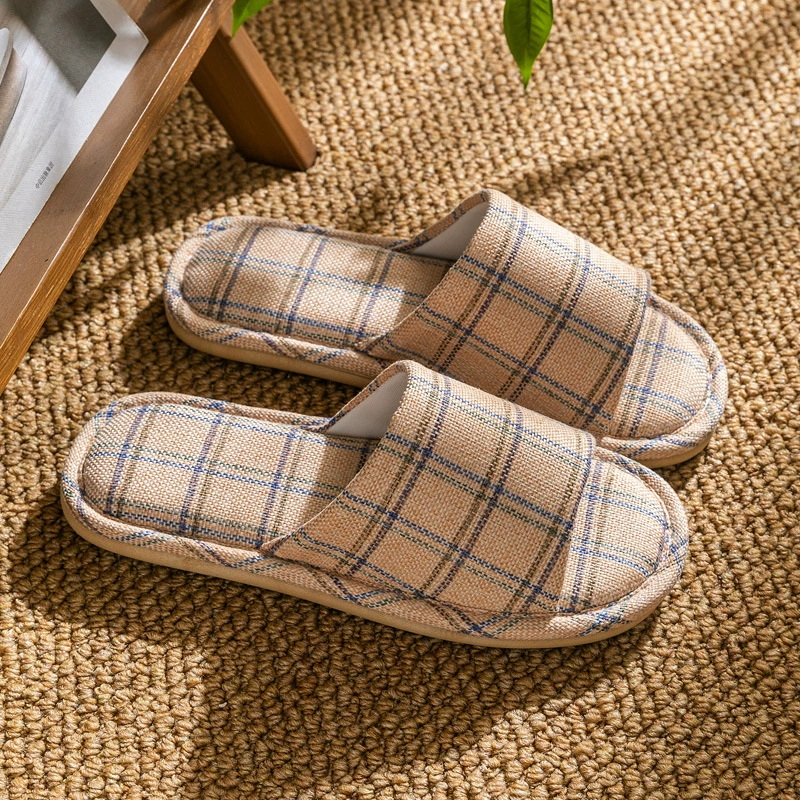 Plaid Upper Color Open Toe Women Slippers Soft Cotton Linen Slides Slipper For House indoor Floor