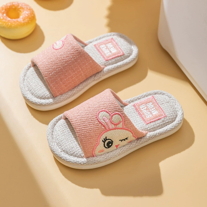 Rabbit Matching Family Slippers Open Toe Design Parent-Child Cotton Linen Slides Slipper for Kids Men Women In House