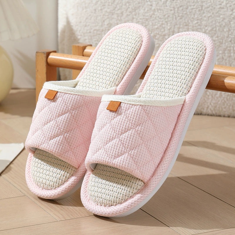 Plaid Design Family Slippers Open Toe Design Soft Cotton Linen Slides Slipper for Women In House