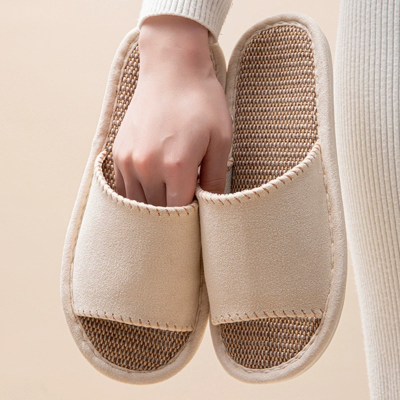 Cotton Fabric Upper Linen Inner Women's Open Toe Slippers In Pure Color for House Floor