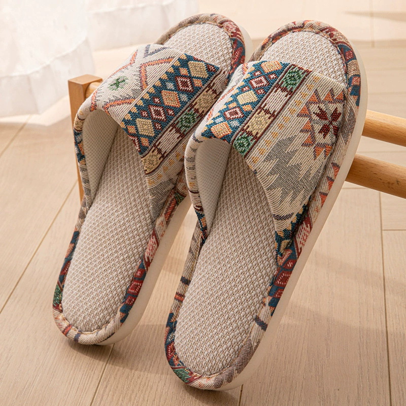 Printed Cotton Upper Linen Inner Women's Open Toe Slippers In Pure Color for House Floor