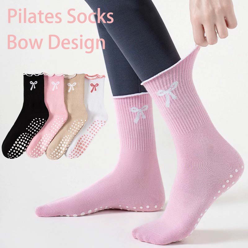 Girls Sports Decor Edge Socks Non-Slip Mid-Calf Yoga Socks Breathable Pilates Supportive Fit Leg In Gym